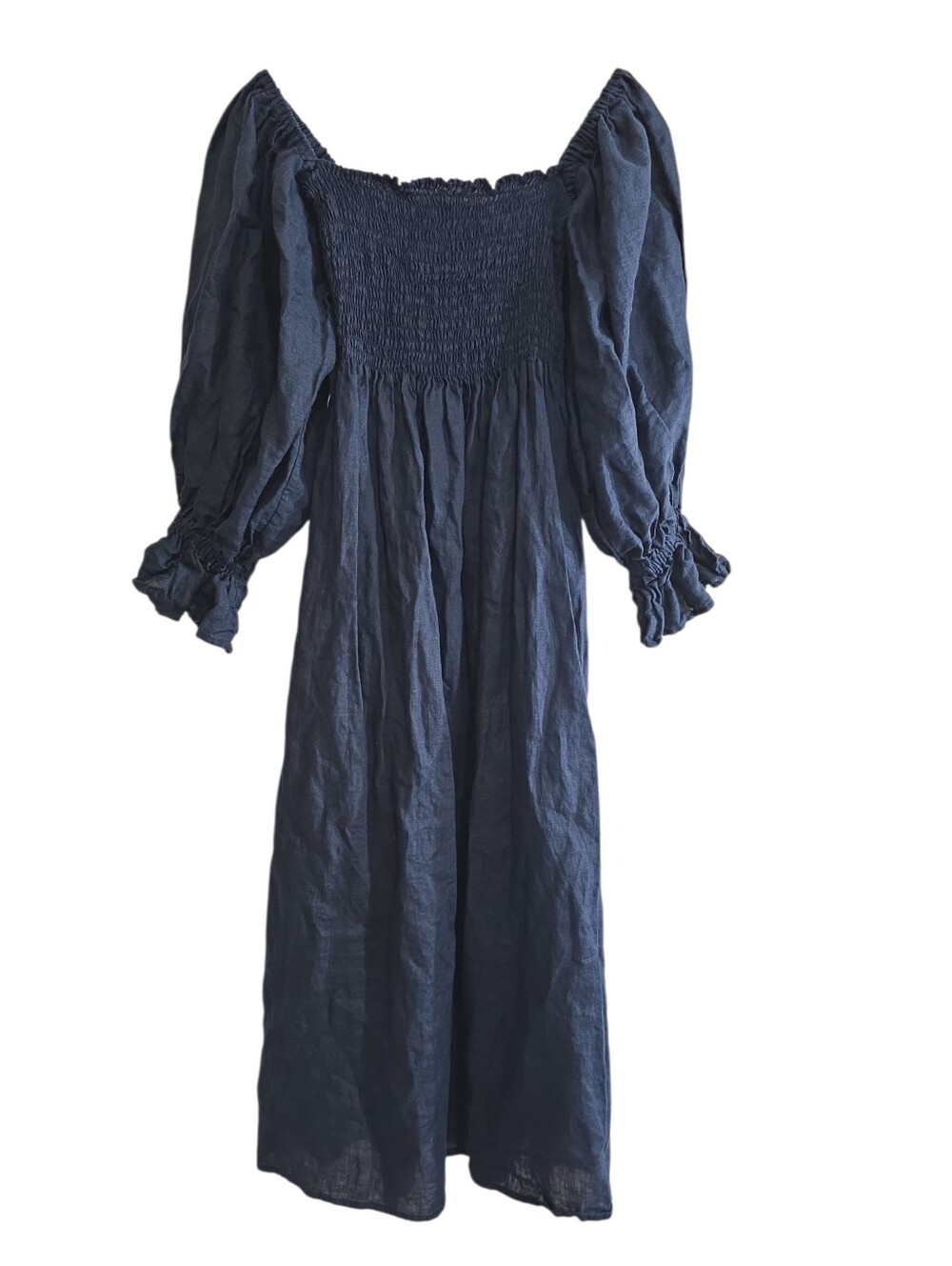 Sleeper Atlanta Linen Midi Dress In Navy Large Smocked Bodice - Picture 10 of 12